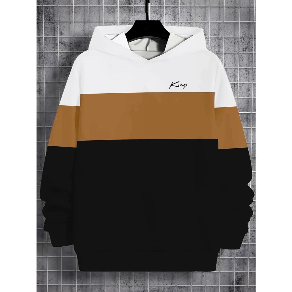Boys' 3D Printed Hooded Sweatshirt - Contrasting White/beige/brown/black Pullover, Machine Washable Long Sleeved Sweater