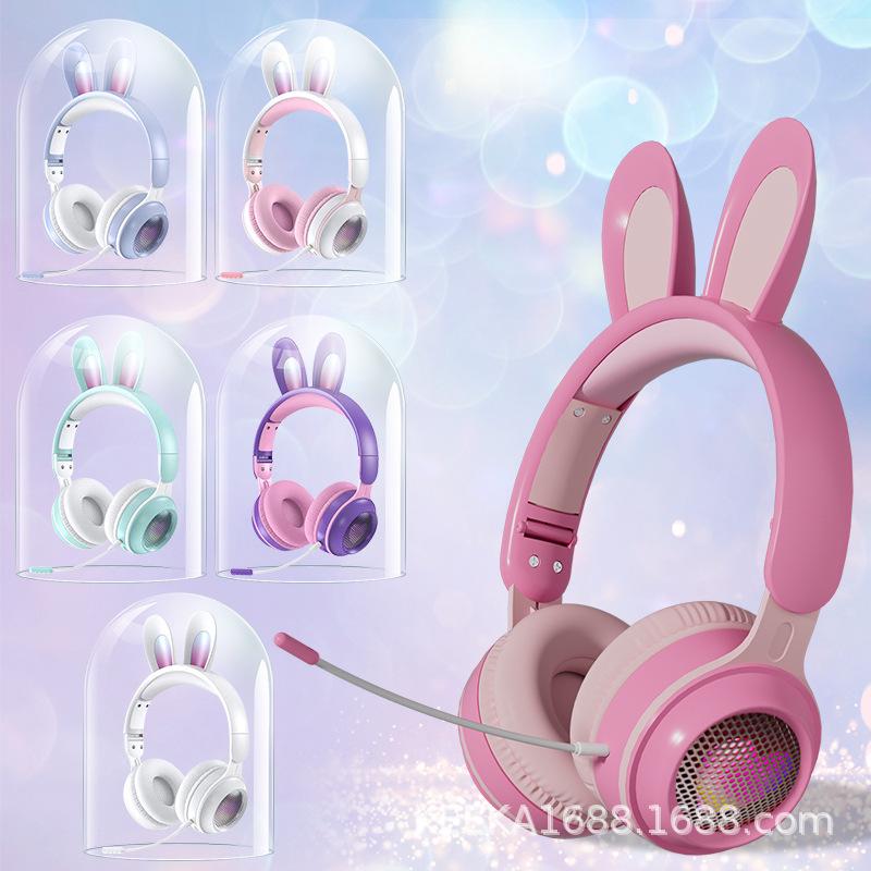 Heart-Shaped LED Bluetooth Headphones with Long Mic and Rabbit Ear Headband KE-11 for Girls