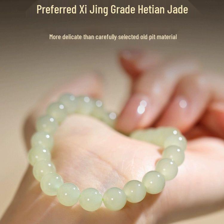 Pulseira de Contas Redondas de Jade Hetian Autêntico - Pedra de Jade Água do Lago Qingbai Genuína para Homens e Mulheres