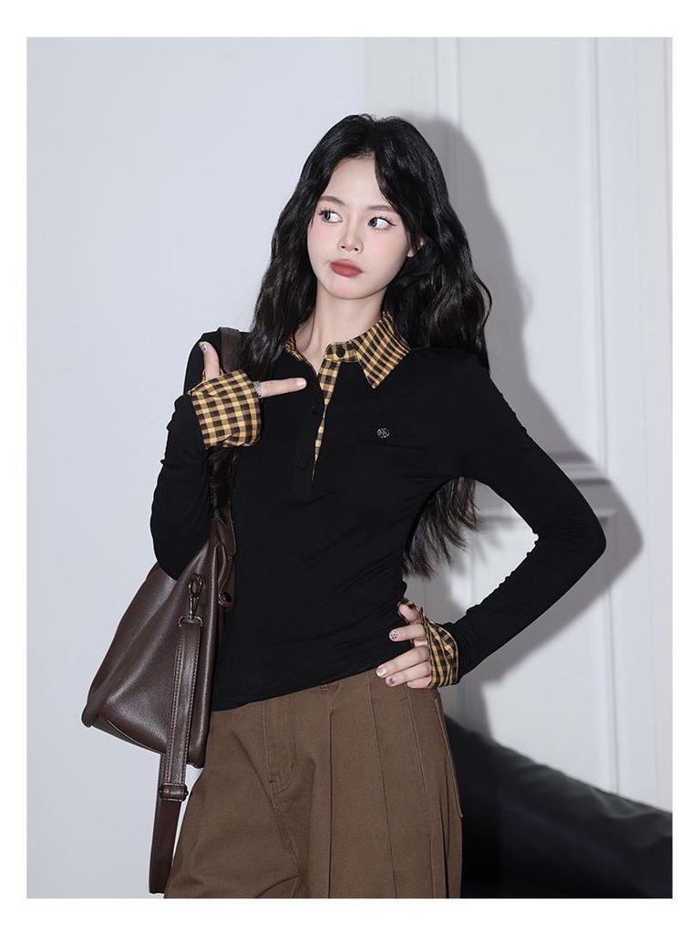 Design Sense Women's Plaid Patchwork Long Sleeve Collared Slim-Fit T-Shirt for Autumn