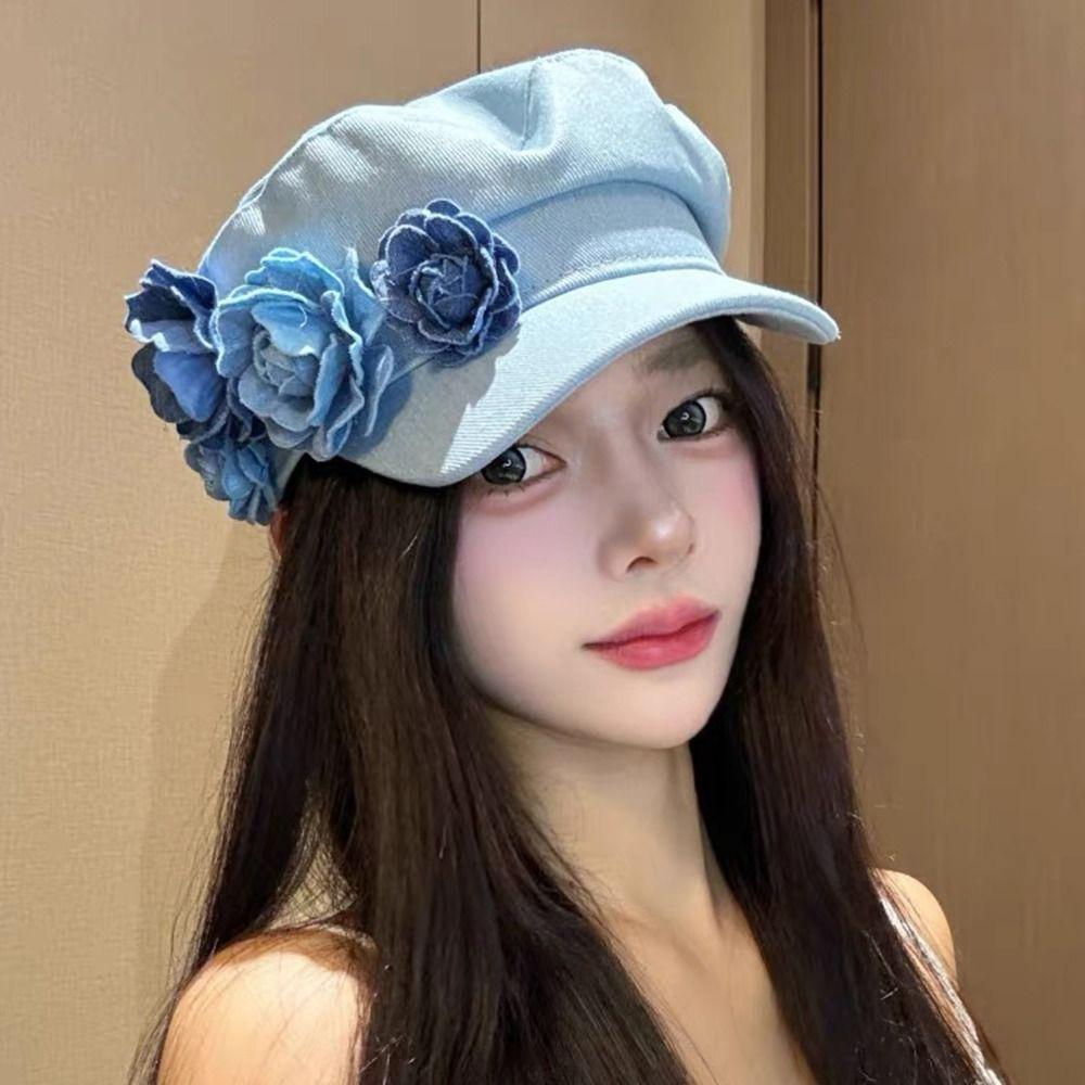 Adjustable Denim Camellia Beret Hat Artistic Painter Caps Vintage Flower Flat Top Hat  Lady