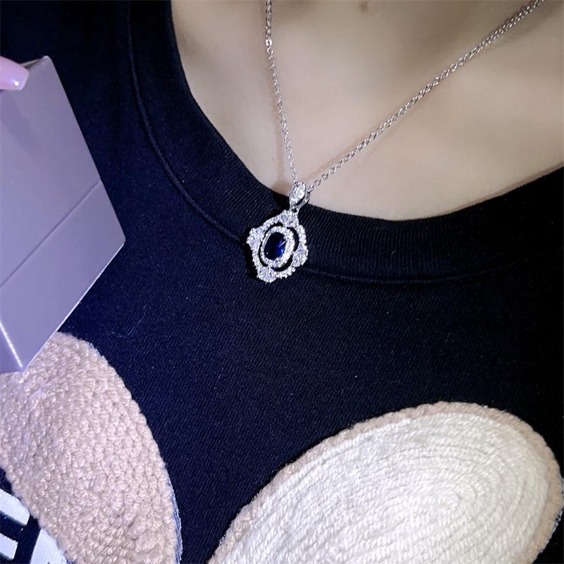 Royal Blue Sapphire Luxury Pendant Necklace with High Carbon Diamond