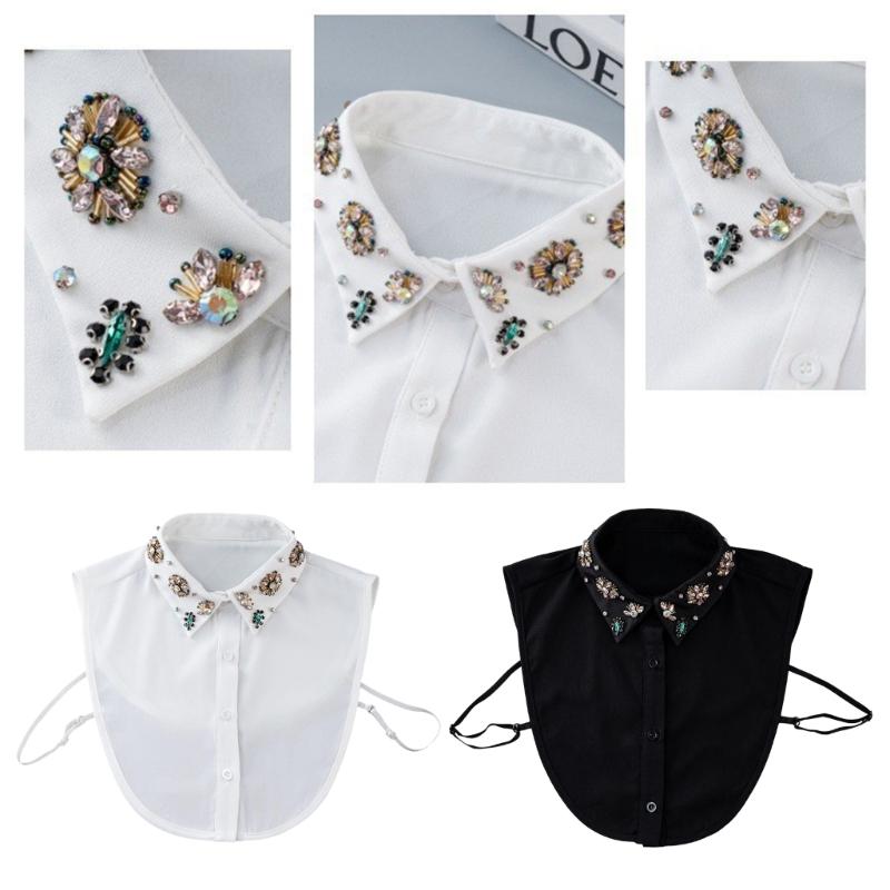 Soft Polyester Detachable Collar With Rhinestones Decors Half Shirt Blouse Top Suitable For Various Occasion Easy Care