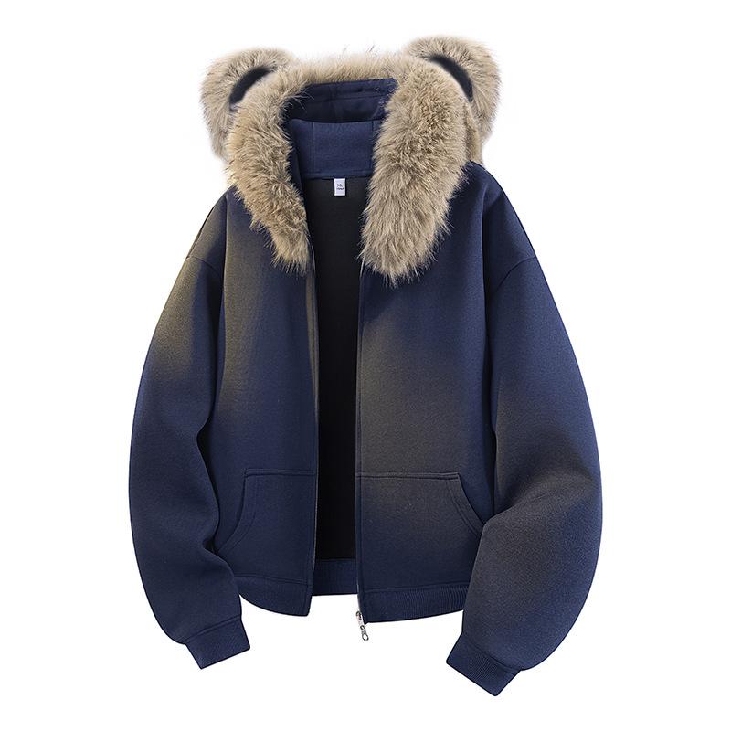 

Unisex Bear Ear Fur Collar Cardigan Hoodie - Autumn/Winter 2026 Loose College Style Jacket Large темно-синього кольору
