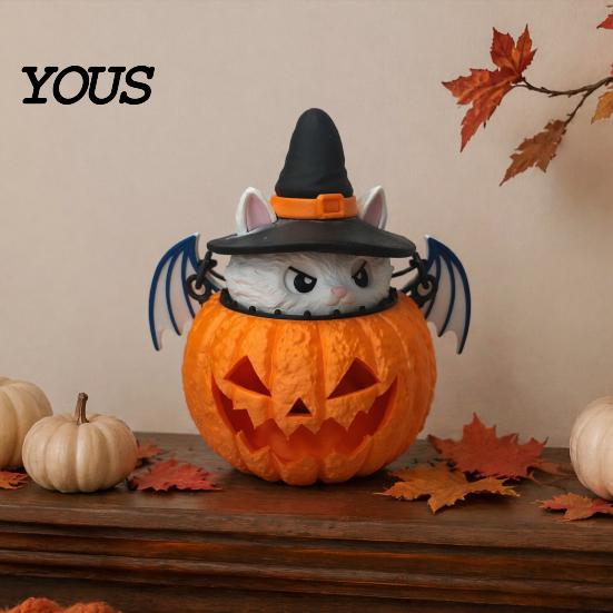 Kids Holiday Gift Halloween Cat Pumpkin Lantern, 3D Printed Glowing Figurine Witch Decoration with Hat, Spooky Tabletop Ornament, Festive Party