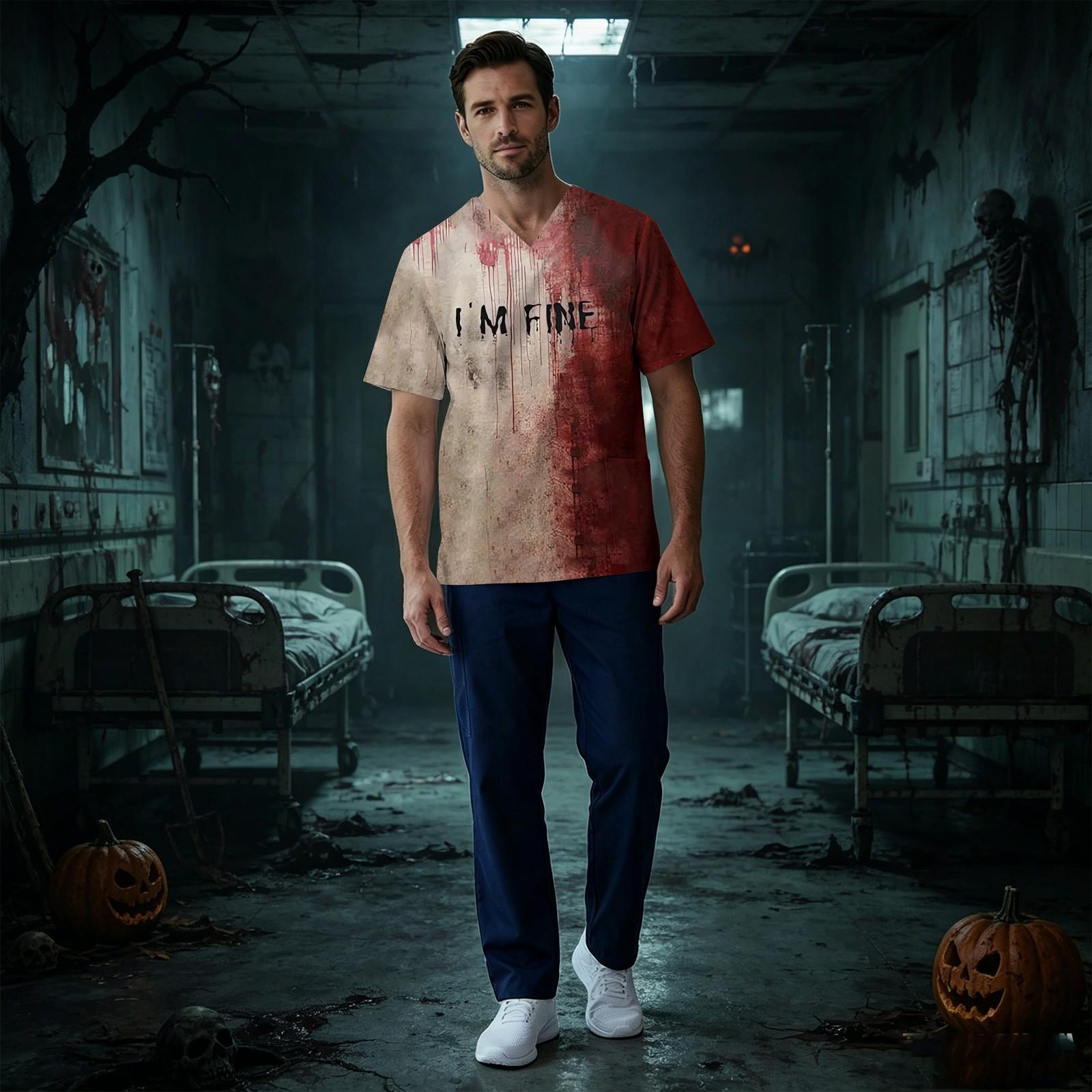 Men s Short Sleeve V-Neck Scrub Top with Chest Pocket Halloween Print XL