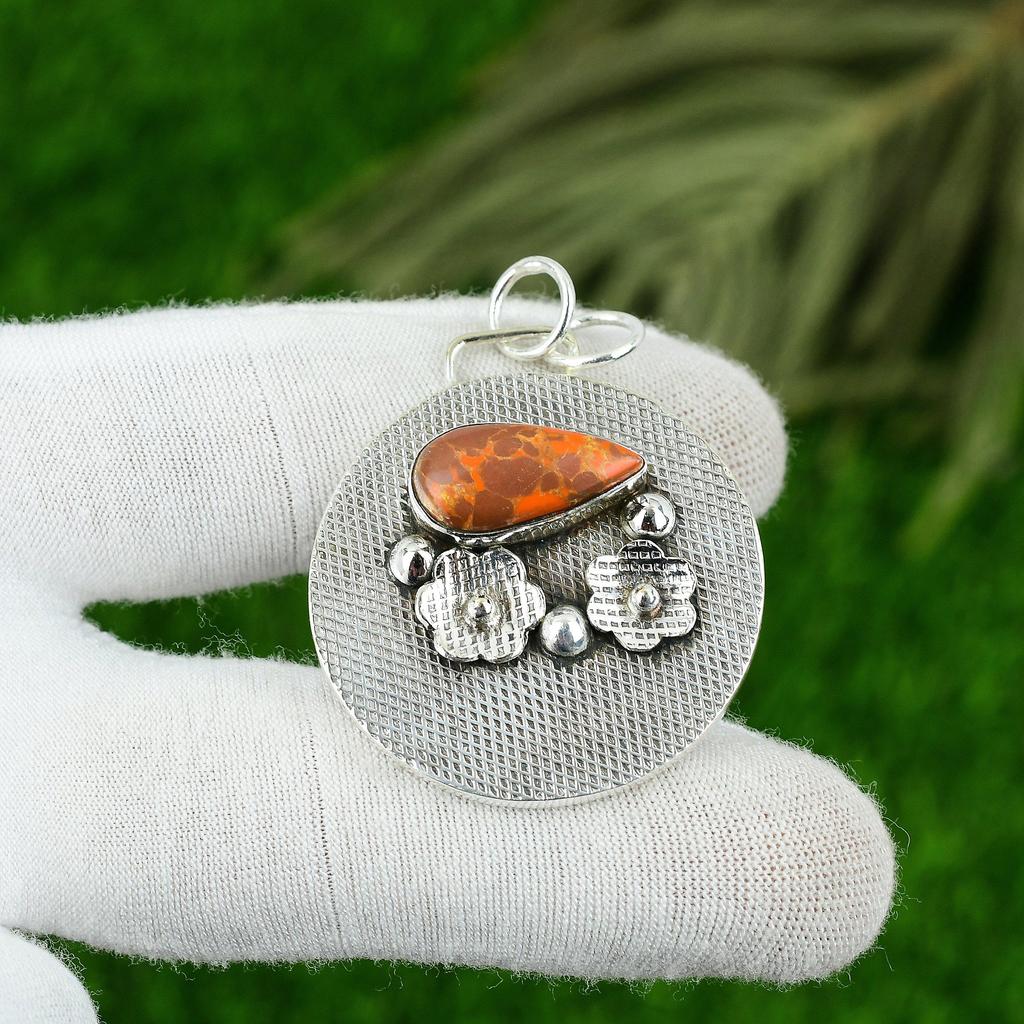 Natural Orange Turquoise Gemstone Jewelry 925 Sterling Silver Pendant For Women