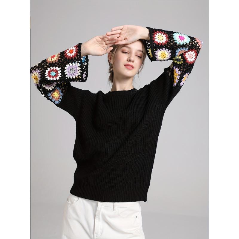 Høst og Vinter Dame Strikk Blussermermer Håndlaget Hul Blandet Farge Heklet Genser Rund Hals Pullover Topper