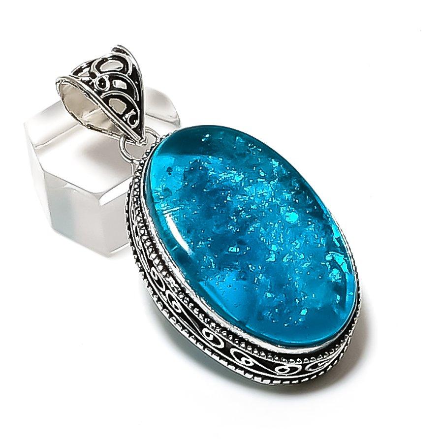 Natural Blue Amber Gemstone Handmade 925 Sterling Silver Pendant 2.09  ETC-14309