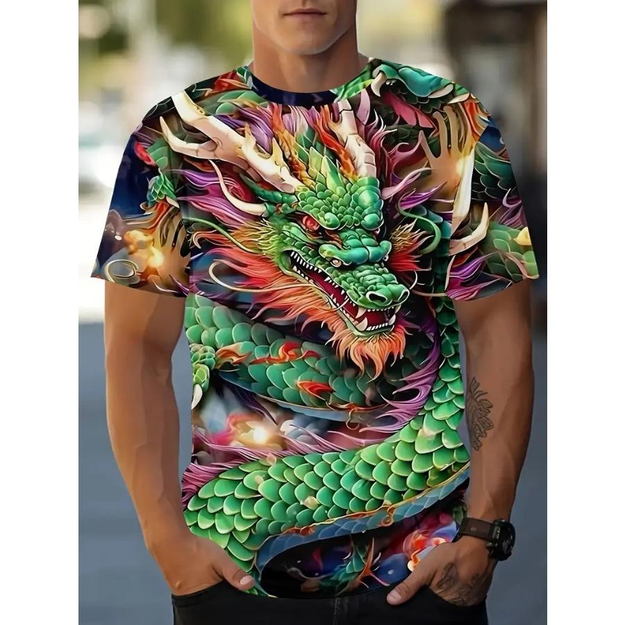 Tricou cu mânecă scurtă și gât rotund pentru bărbați cu animal dragon - Design îndrăzneț și inedit de roman grafic pentru bărbați, topuri de vară în stil outdoor