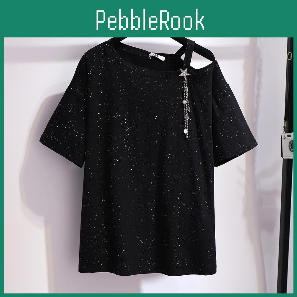 Summer Plus Womens Size Shiny Bright Tshirt Leaky Shoulder Word Collar Oblique Shoulder Wild Shirt