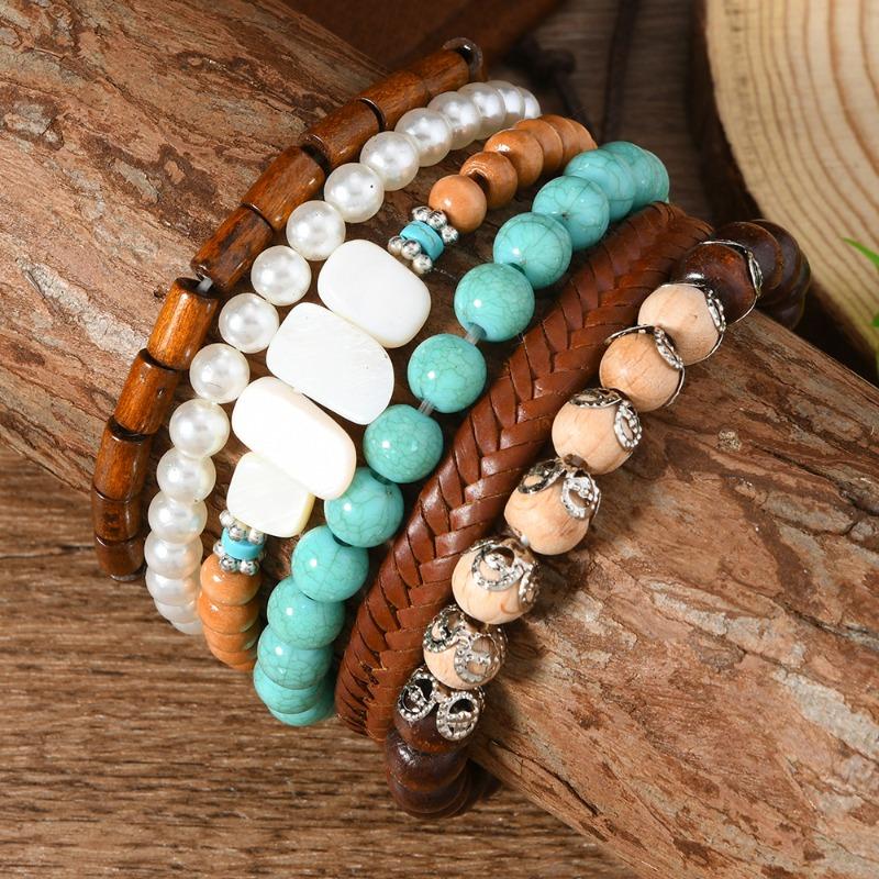 6-Piece Set of New Wooden Beaded Pearl Leather Men's and Women's Bracelets, Suitable for Daily Wear by Men and Women