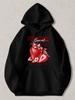Black Pullover Hoodie with Red Strawberry Sweet Heart-shaped Graphic Print Casual Long Sleeve Sweatshirt with Front Pocket for Dai