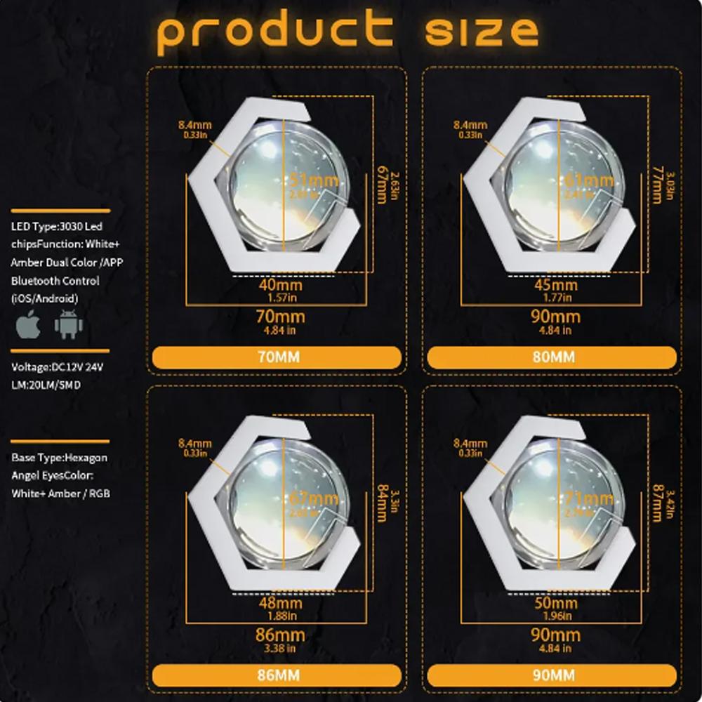 2 buc LED Hexagonal Angel Eye RGB Semnalizator Lumini de Zi Bluetooth App Pentru Faruri Auto 60/70/80/90mm.