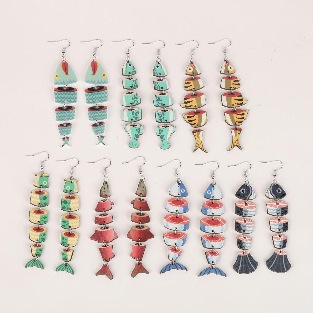5Pairs Hook Piercing Fish Drop Earrings Acrylic Wood Beach Drop Earrings Salmon Fish Earrings  Women
