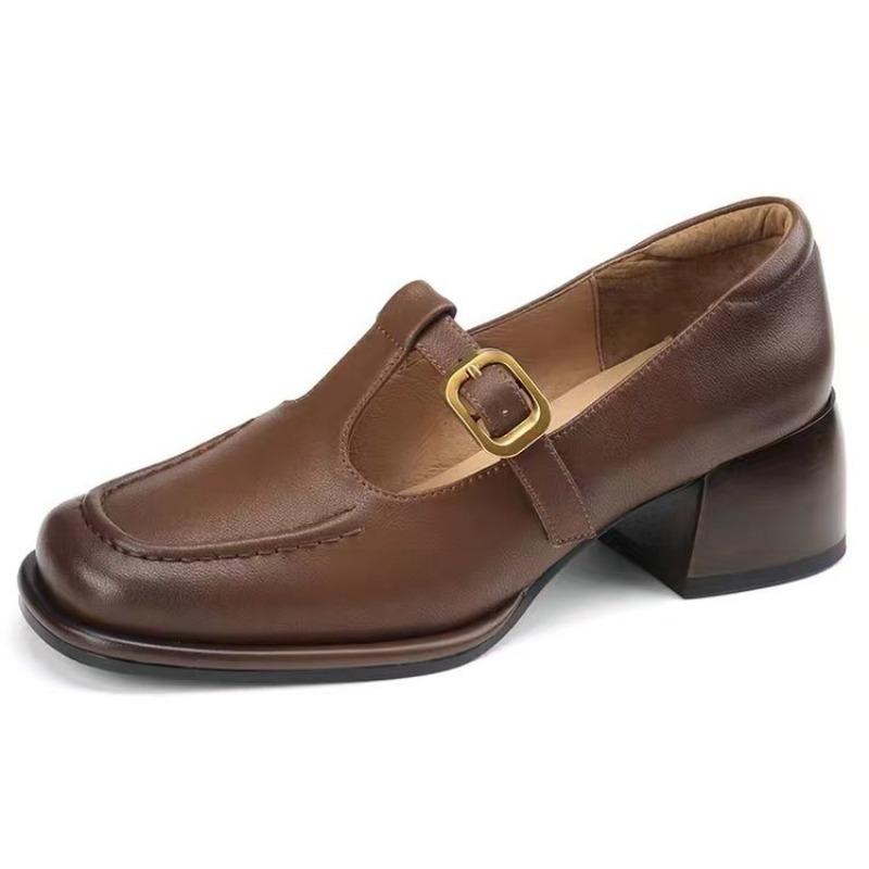 Fashion New Fashion Women's T Strap Leather Chunky Oxford Shoes Brown Mid Heels Square Toe Designer Pumps Black Sewing Dress Shoes