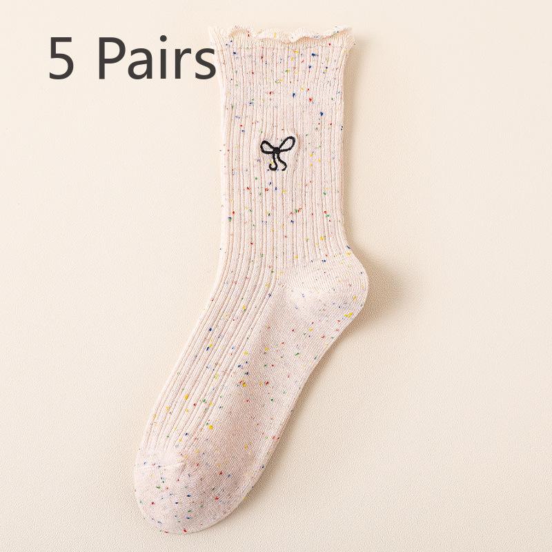 

5 пар носков осень/зима носки средней длины ворсистые кружевные банты вышитые теплые весенние/осенние носки из хлопка Moonseed 5 Pairs светло-розовый