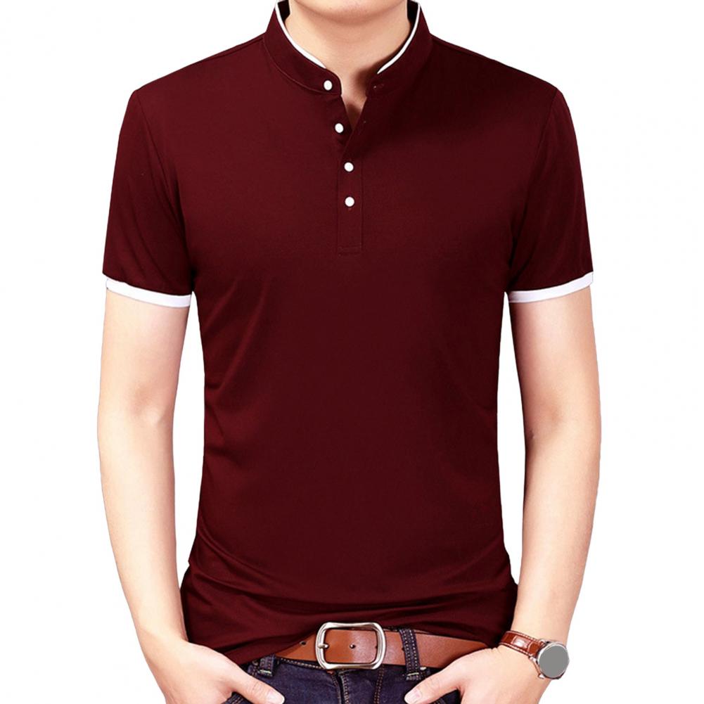 Summer Men Shirt Stand Collar Slim Fit Short Sleeves Solid Color Plus Size Buttoned Thin Pullover Formal Business Style Office T