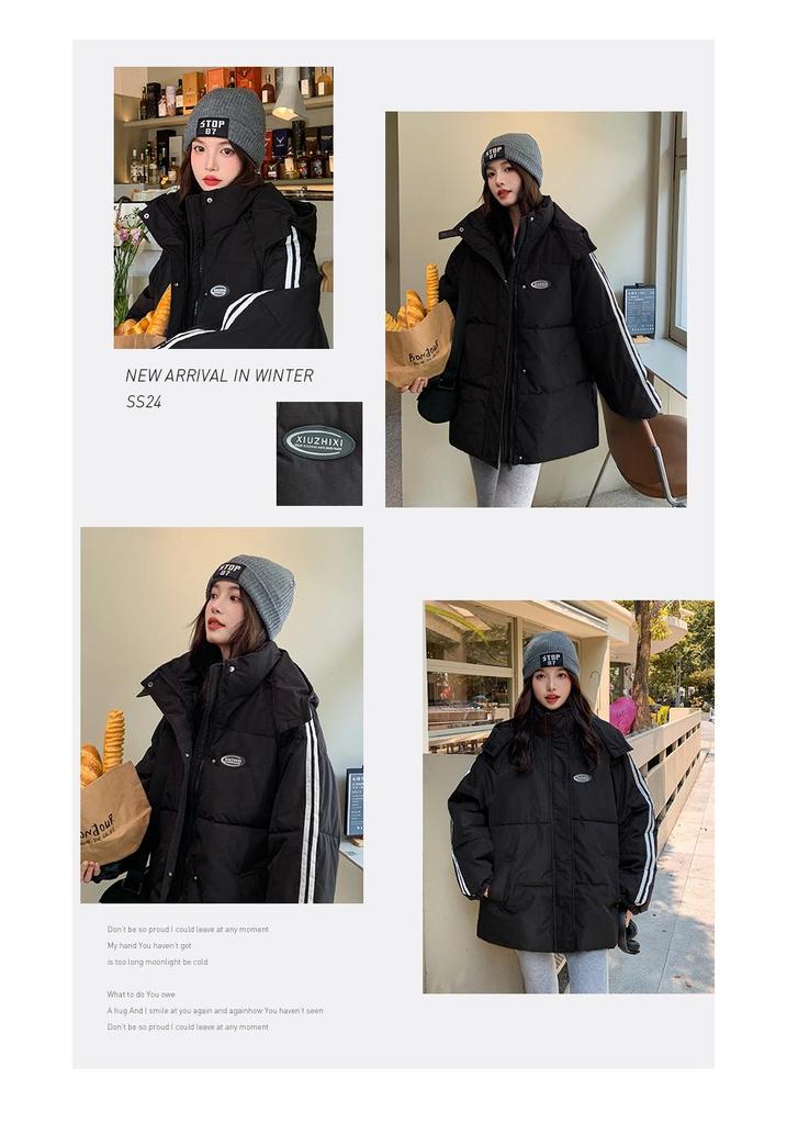 Women's 2024 Korean-Style Black Down Cotton Jacket - Winter Loose Fit, Trendy & Thickened for Students.