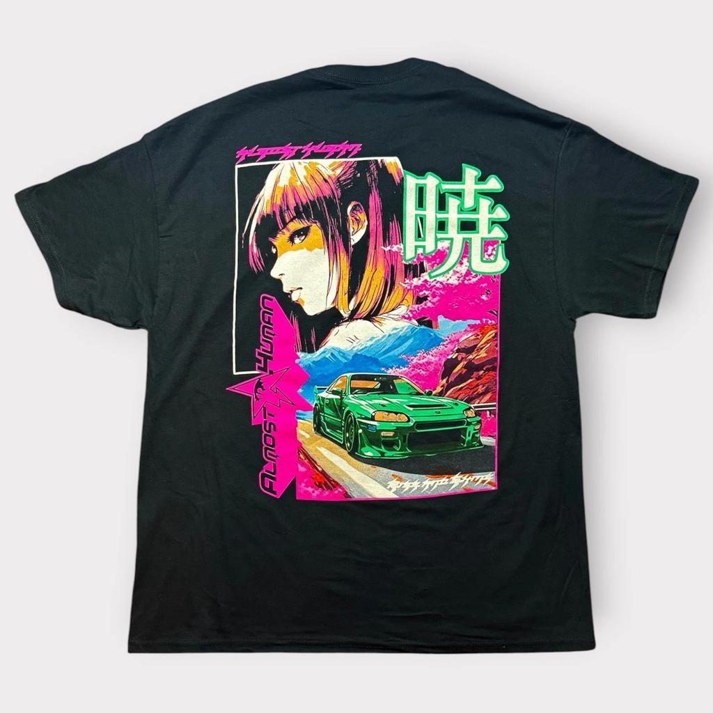 Almost Human Anime Girl Green Sports Car Graphic T- Shirt Black Large Vaporwave