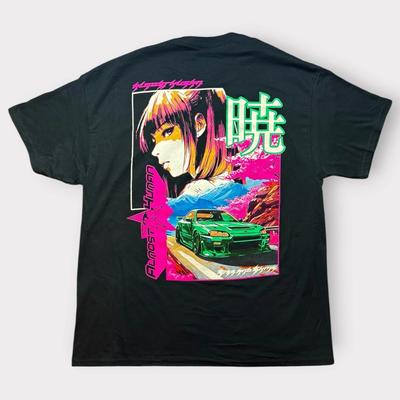 Almost Human Anime Girl Green Sports Car Graphic T- Shirt Black Large Vaporwave