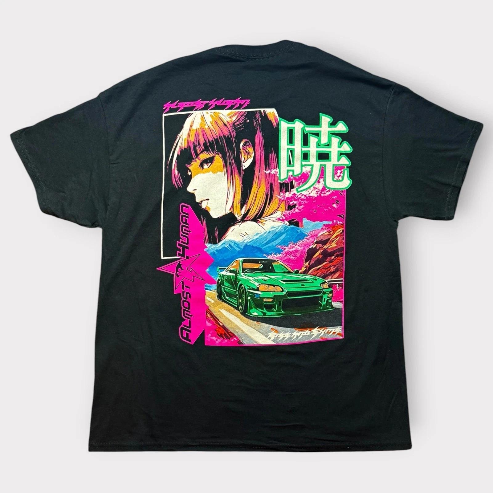Almost Human Anime Girl Green Sports Car Graphic T- Shirt Black Large Vaporwave S