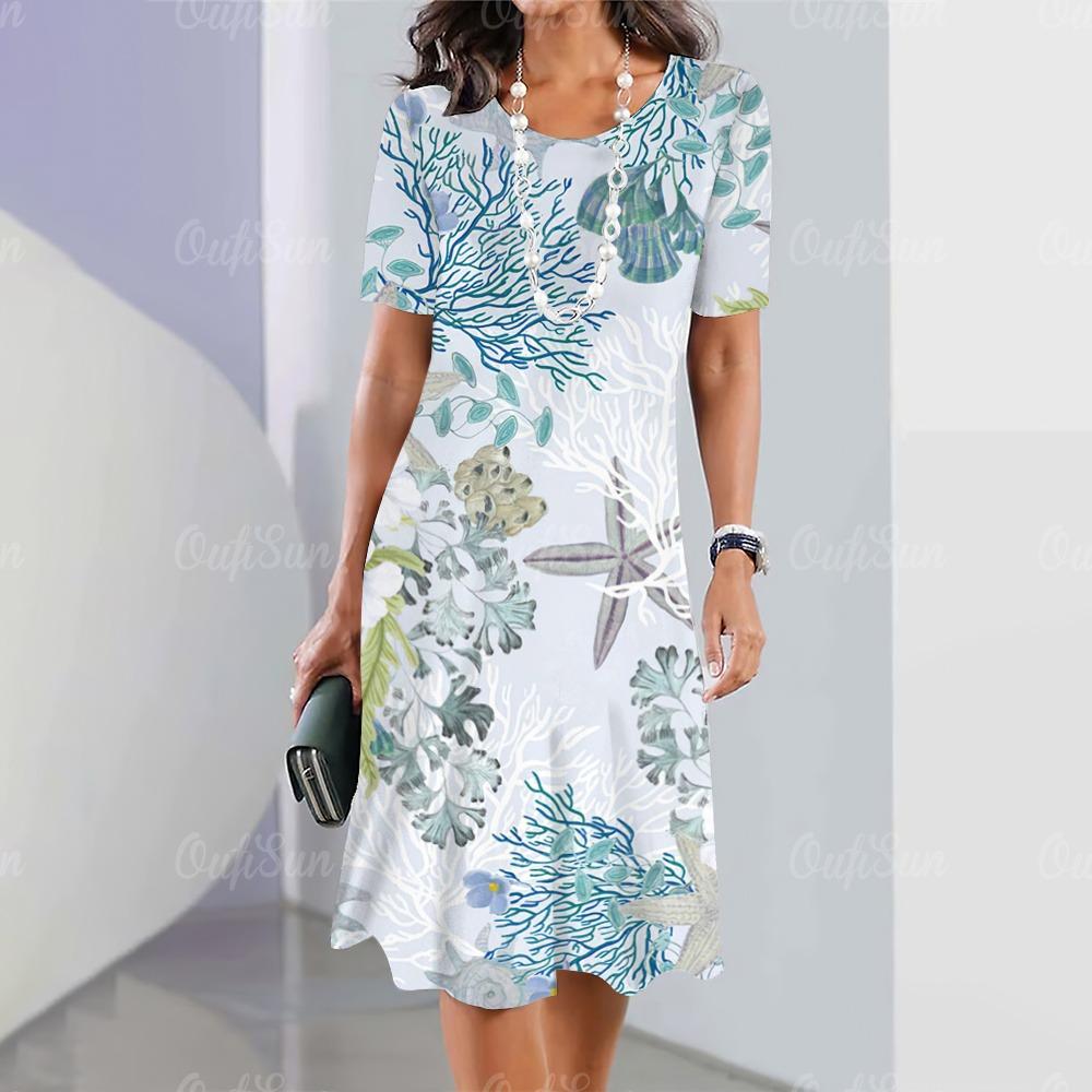 Summer New Women's Dress, Ocean Animal Print Holiday Dress, Beach Midi Dress, Femle Fashionable Oversized Clothing, Turtle