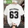 Plus Size Unisex Distressed '63' Number Bulldozer Graphic T-Shirt- Black White Casual Short Sleeve Slim Fit Tee, Round Neck for All-Season Comfort,