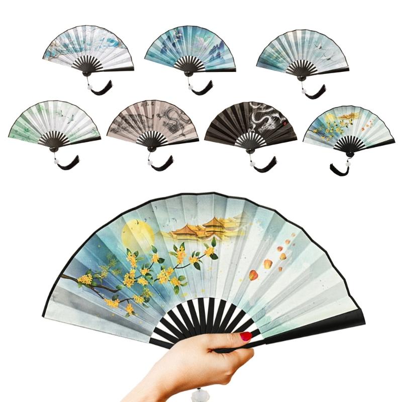 Chinese Double Sided Painting Folding Fan Vintage Handhelds Fan with Tassels Plastic Foldable Hand Fan for Parties