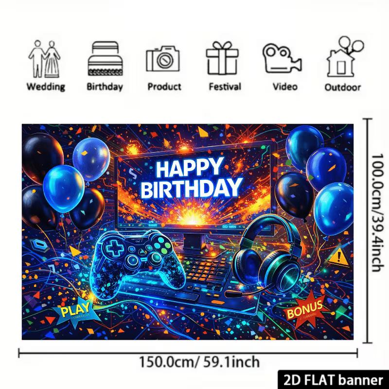 Telo di Sfondo per Compleanno Gaming 2D per Bambini, Decorazione Festa Game al Neon Blu