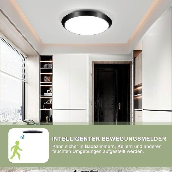 Plafonnier LED NETTLIFE avec détecteur de présence, Noir, IP44, 4000K blanc neutre, automatique, pour salle de bain couloir