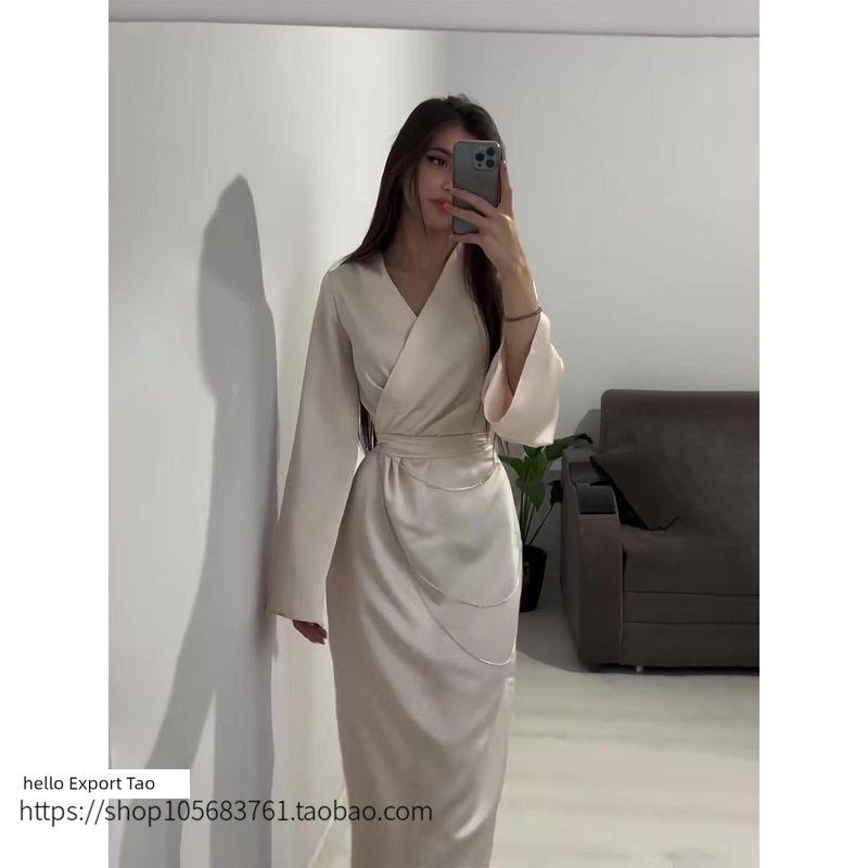 Fashion Style Loose Temperament Metal Decoration V Neck Tied Dress Loose V-neck Tie up Dress