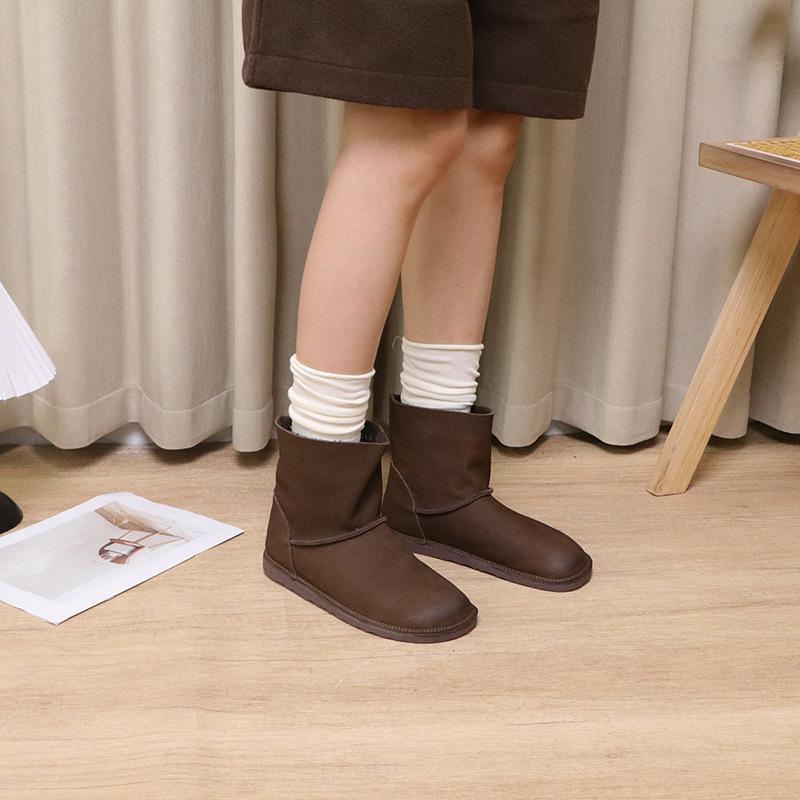 Johnature Vintage Handmade Genuine Leather Short Boots Solid Color Soft Cowhide Versatile Women Flat Boots