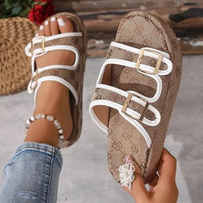 Mode Zomer Dames Slippers Vakantie Reizen Strand Sandalen met Dubbele Gesp Vakantie Print Slippers Mode Platform Schoenen Slides Dames