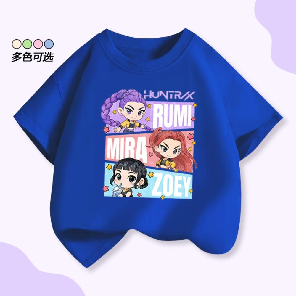 Summer children's 100% cotton short-sleeved Kpop Demon Hunters hunting girl group Mirazoyuriumi cartoon print T-shirt