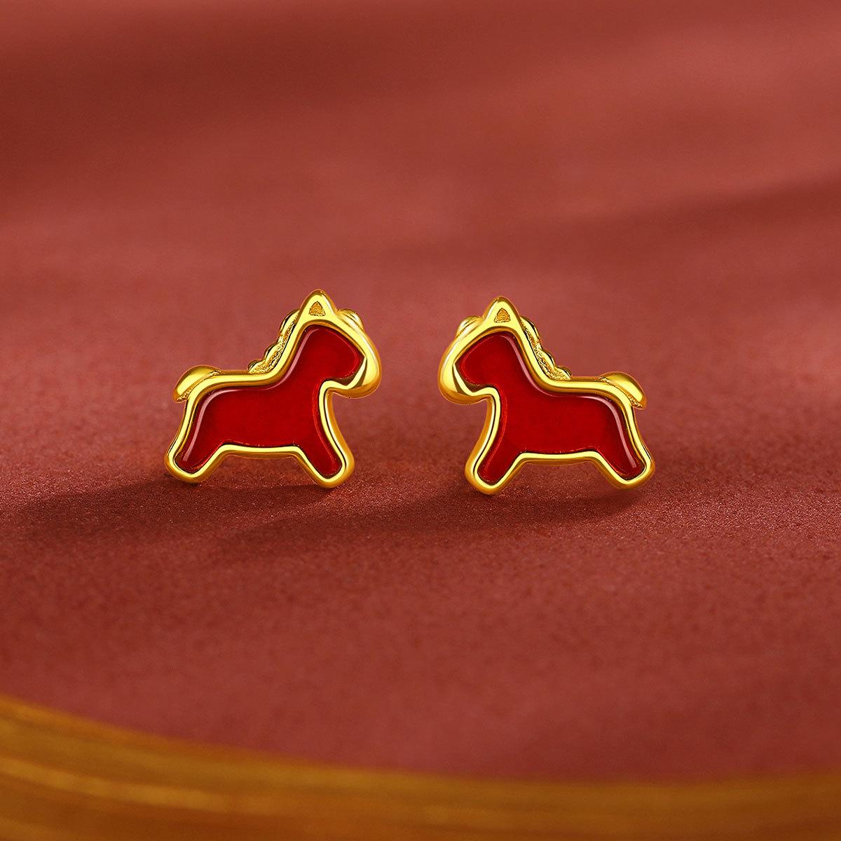 Tichia S925 Sterling Silver Red Agate Horse Zodiac Earrings for Women - Chinese Style Year of the Horse 925 Silver