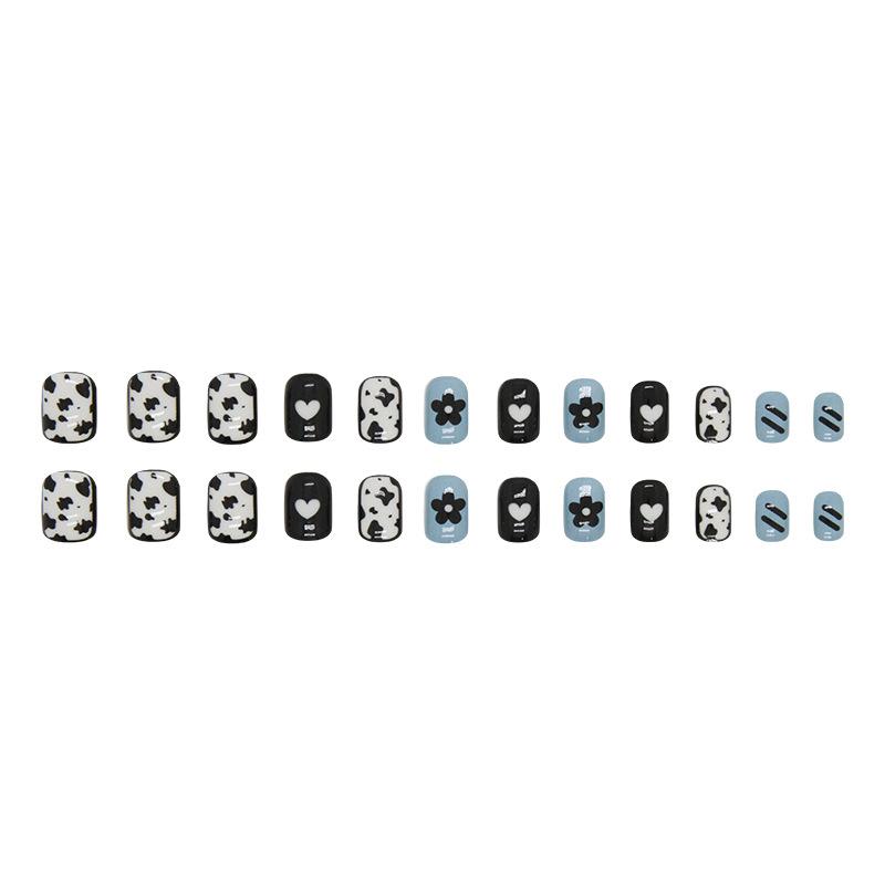 24 Pieces Black, White and Blue Sweet and Cool Short Love Flower Manicure, Autumn and Winter White Wearable Manicure, Cow Pattern Fake Nails