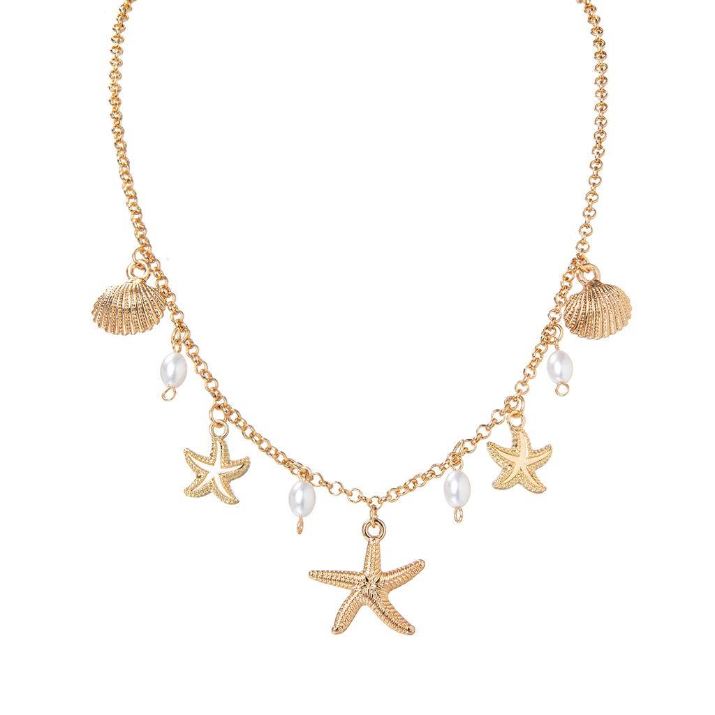 Holiday beach style starfish pendant shell imitation pearl tassel beach element alloy women's necklace