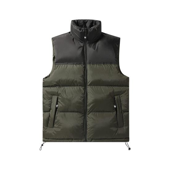 Men Cotton Waistcoat Stand Collar Sleeveless Patchwork Color Cotton Vest Coat with Pockets Elastic Drawstring Hem Zipper Placket Vest Outwear