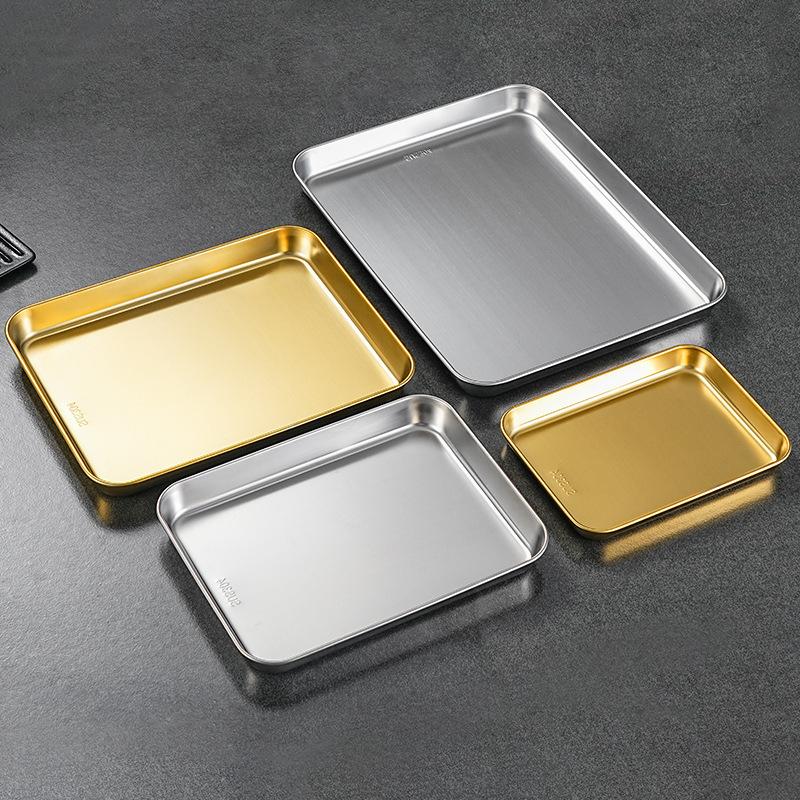 304 Stainless Steel Rectangle Tray Large Capacity Metal Food Serving Pan Steamed Rice Sausage Plate Kitchen BBQ Storage Trays