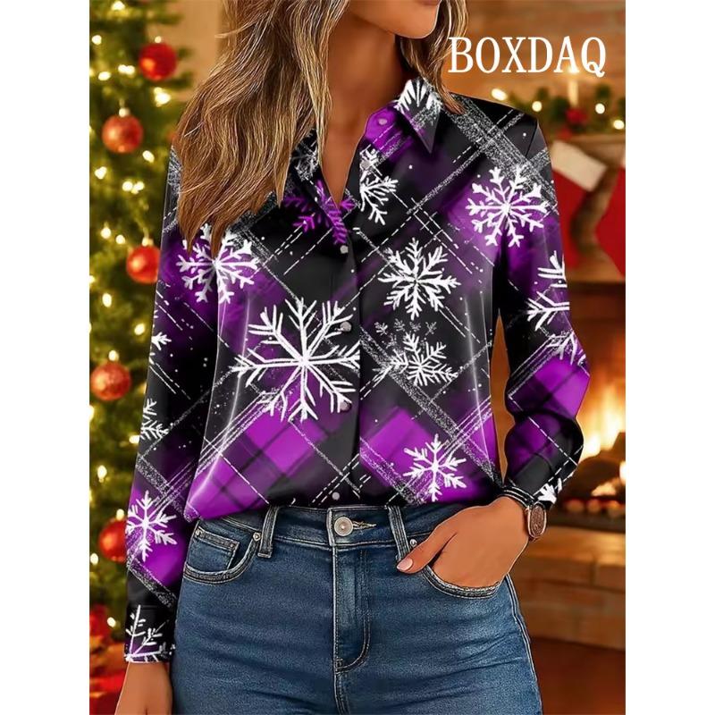 Christmas Women's Plaid Snowflake Blouse Elegant Shirt Fashion Casual 3D Print X-Mas Party Wear Autumn Long Sleeve Tops