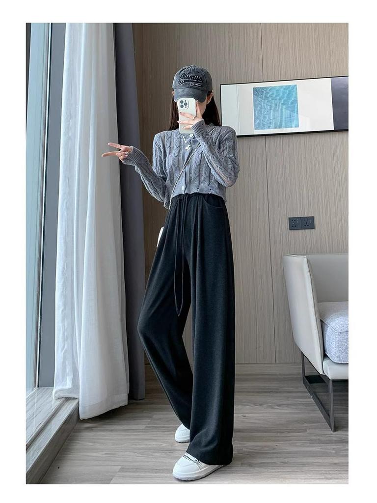 Petite Women's Spring/Autumn Wide-Leg Straight Pants - Stylish Glutinous Rice Design, Ideal for Height 145-150 Cm