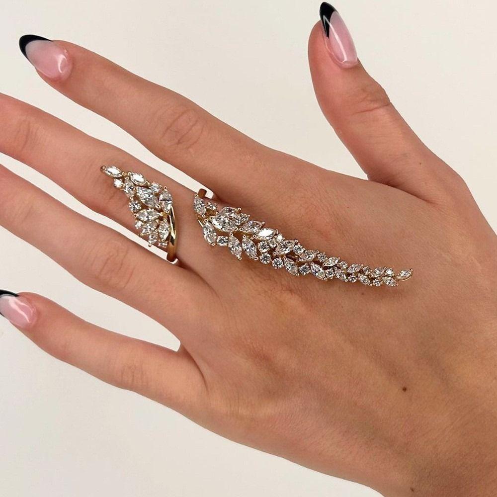 Shiny Elegant Open Zirconia Ring Copper Simplicity Female Leaf Ring  Valentine Day Gifts