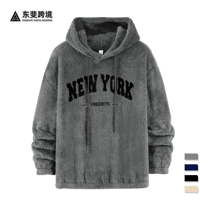 Men's sweater European version of lamb wool loose letter embroidery pocket hooded jacket