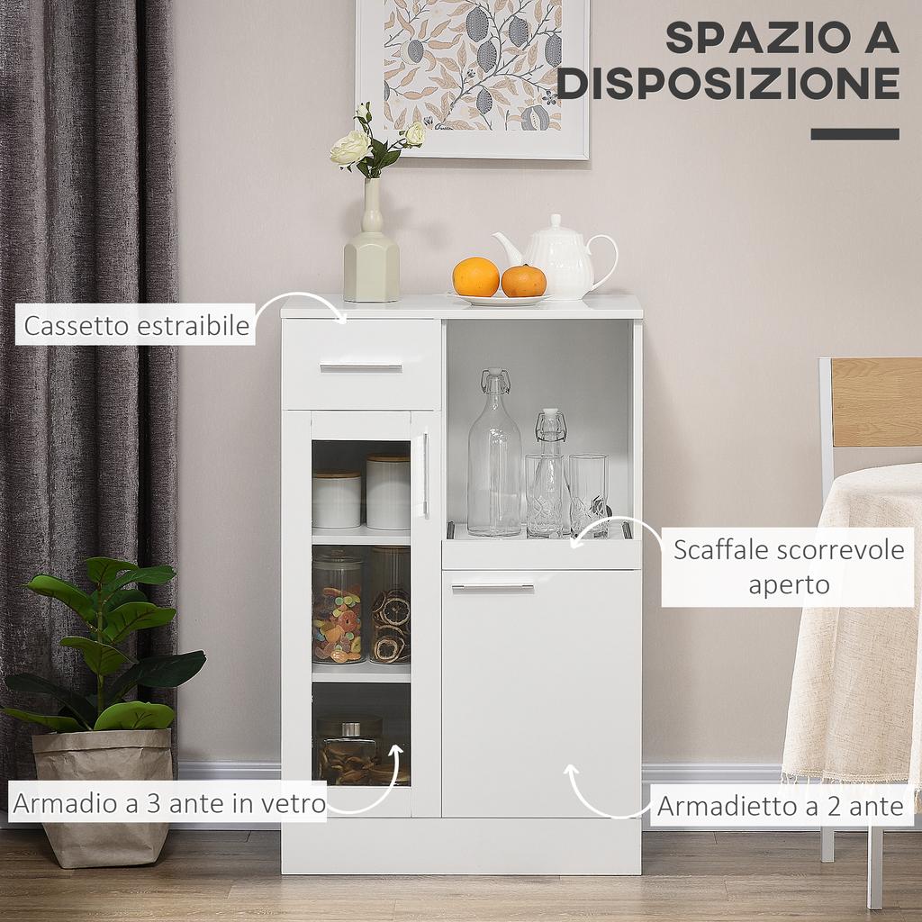 Modern Sideboard with Cupboards and Drawer In Wood and Glass, 60x40x95cm, White