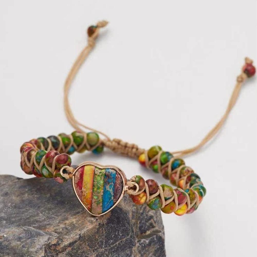 Colorful Stone Beads Weave Bracelets Hand Jewelry Heart Bead Bangle  Girls