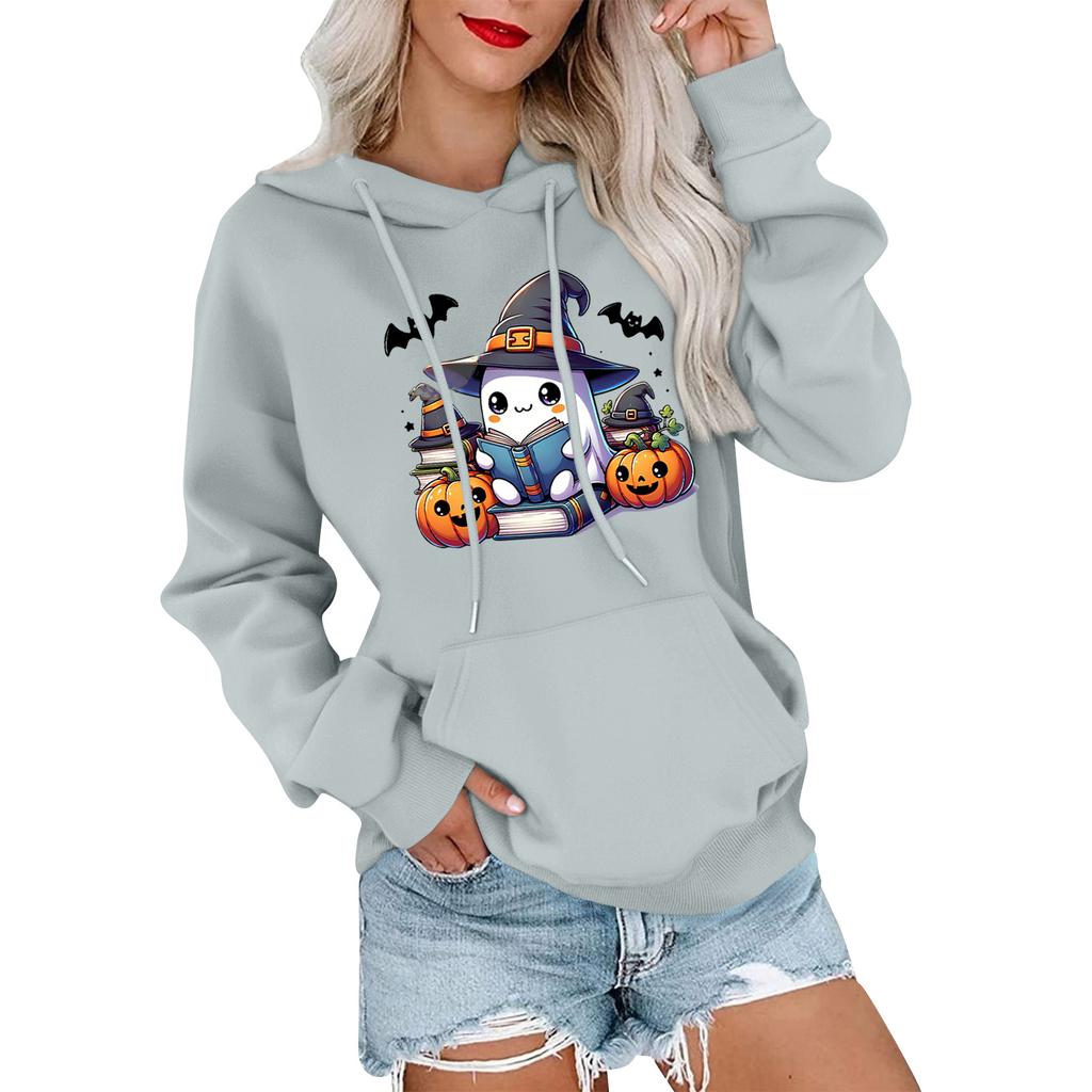 Dámský módní, ležérní, pohodlný svetr s kulatým výstřihem, s kapucí, s dlouhým rukávem, s halloweenským potiskem, hřejivý