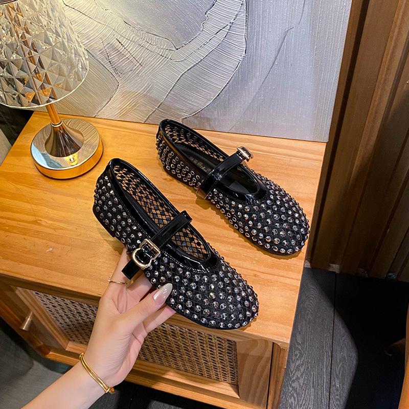 

Flat Mary Jane Shoes Women s Breathable Mesh Ballet Sandals One-word Button Light Mouth Single Shoes Rhinestone Large Size Women s Shoes 33 чёрный