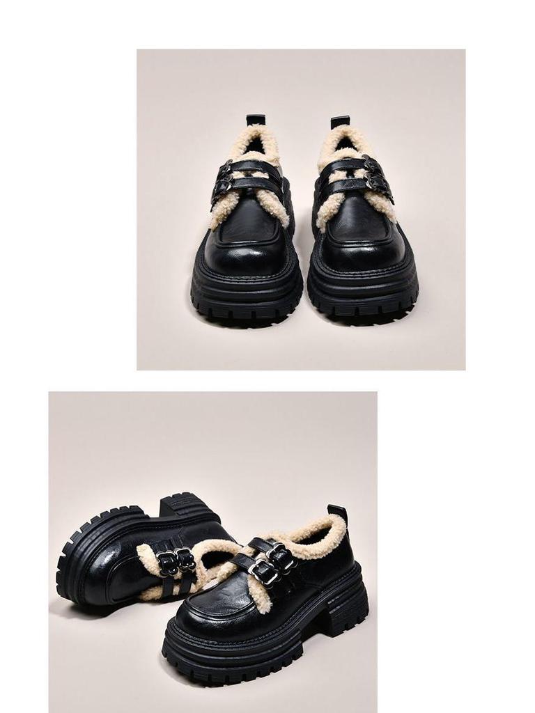 Damen Britischer Stil Fleecegefütterte Doppel-Schnallen Slipper - Dicksohlige, Vielseitige, Warme Lederschuhe