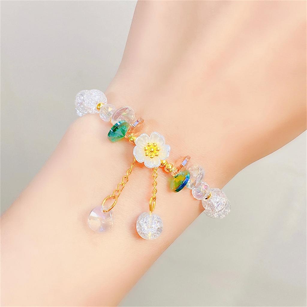 Elegant Fashion Flower Crystal Beaded Bracelets For Women Charm Shell Daisy Floral Beads Tassel Elastic Bracelet Jewelry Gifts